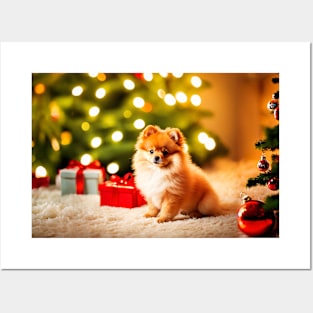 Pomeranian Puppy Dog with Christmas Gifts Posters and Art